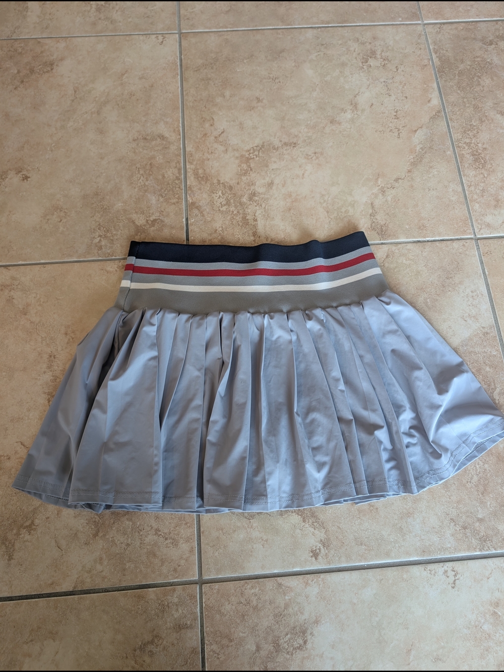 Light Gray Pleated Skater Skirt with Striped Waistband